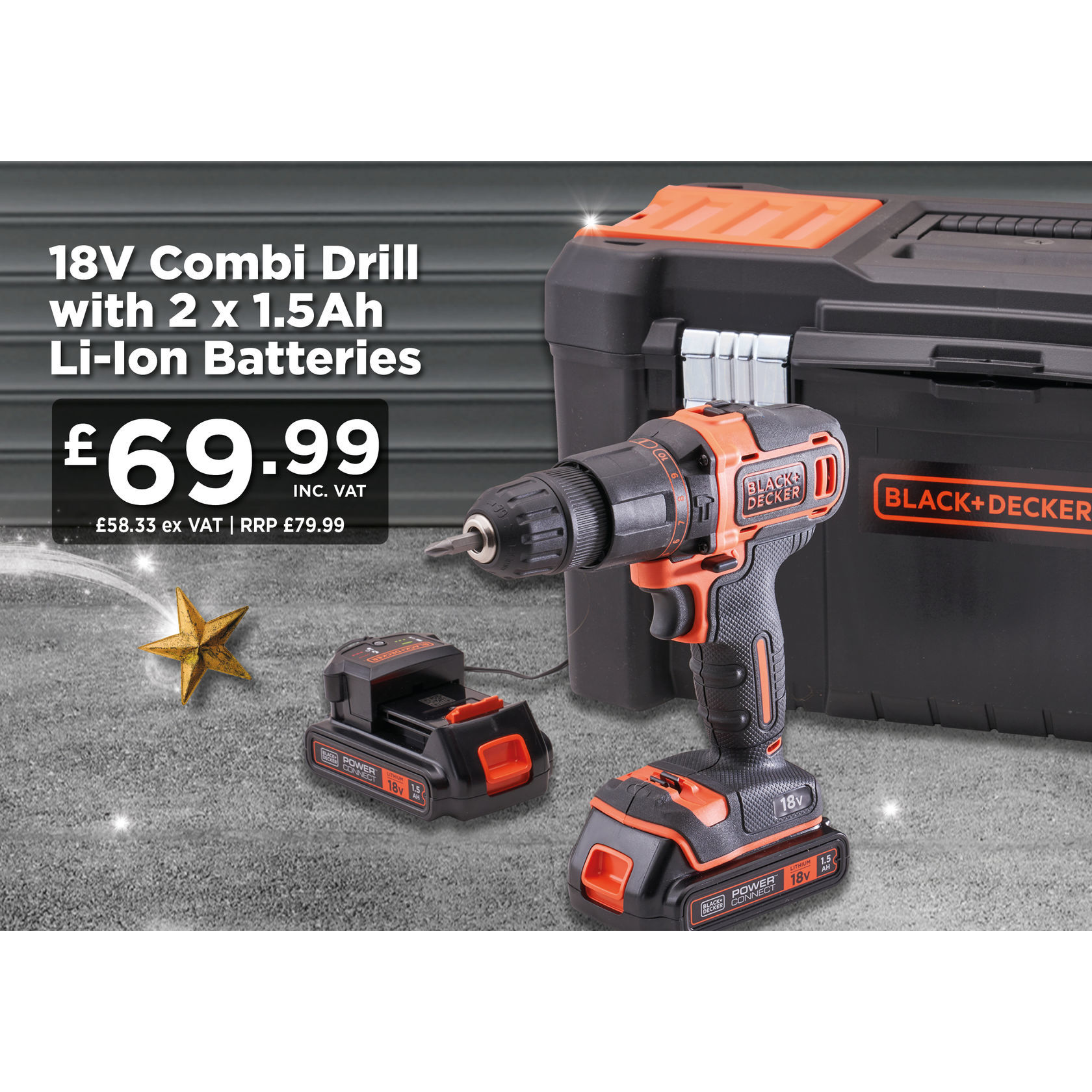 18V Cordless 2 Speed Hammer Drill With 1.5Ah Battery and 400mA